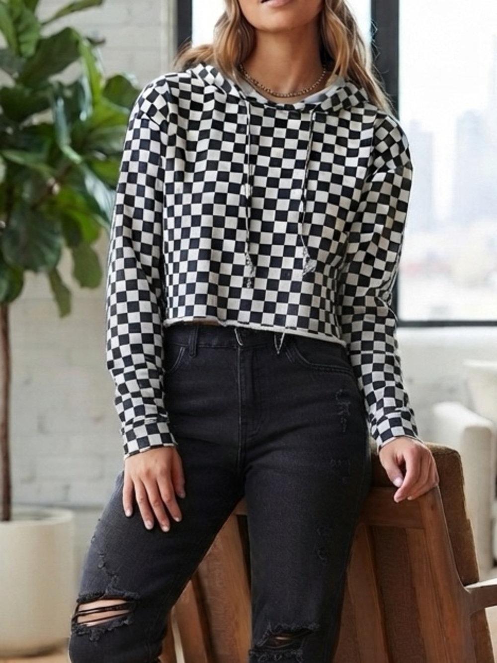 Cropped Checkered Hoodie
